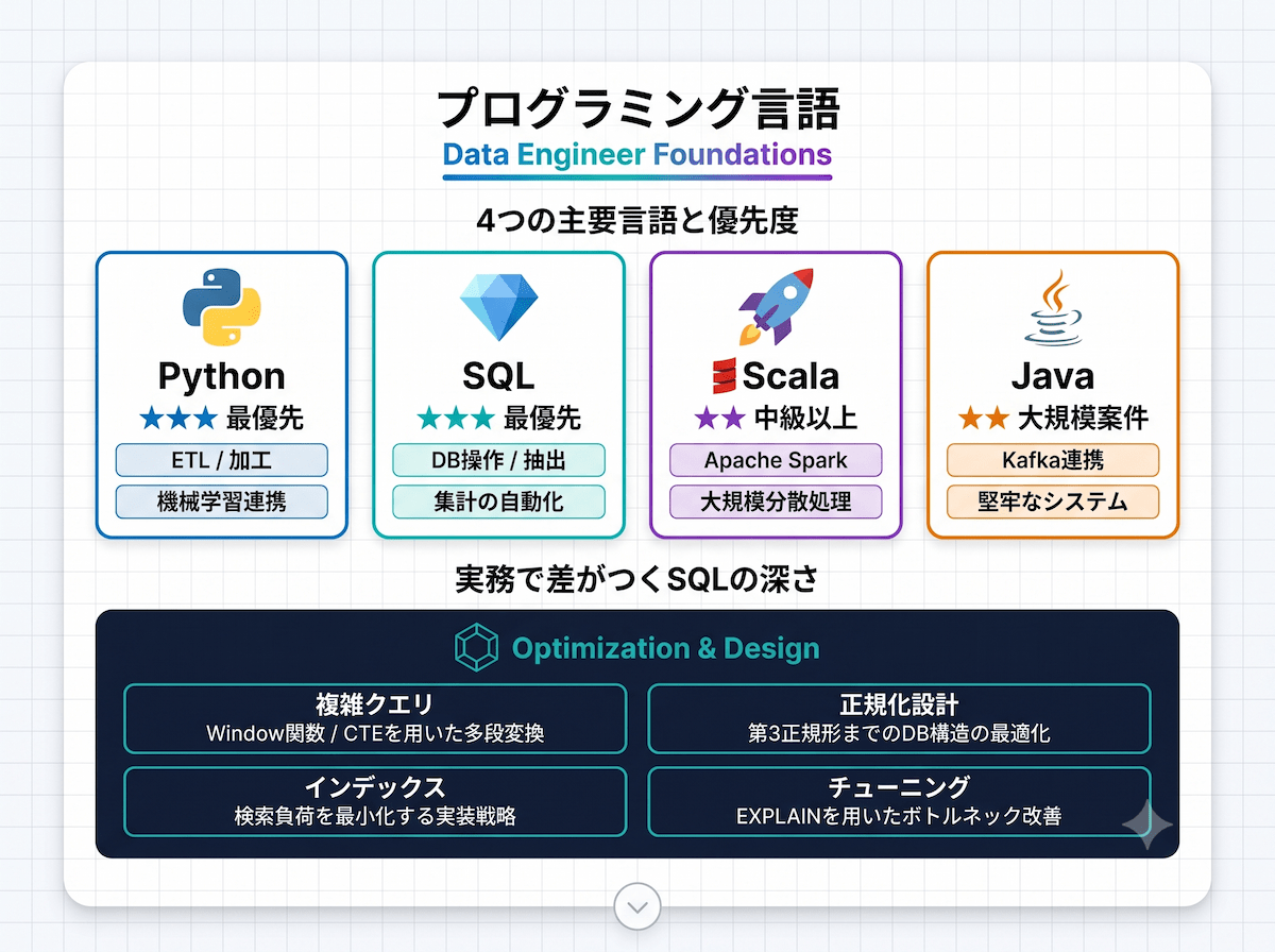 2. データエンジニアスキルセット①|プログラミング言語の習熟が技術力の土台になる