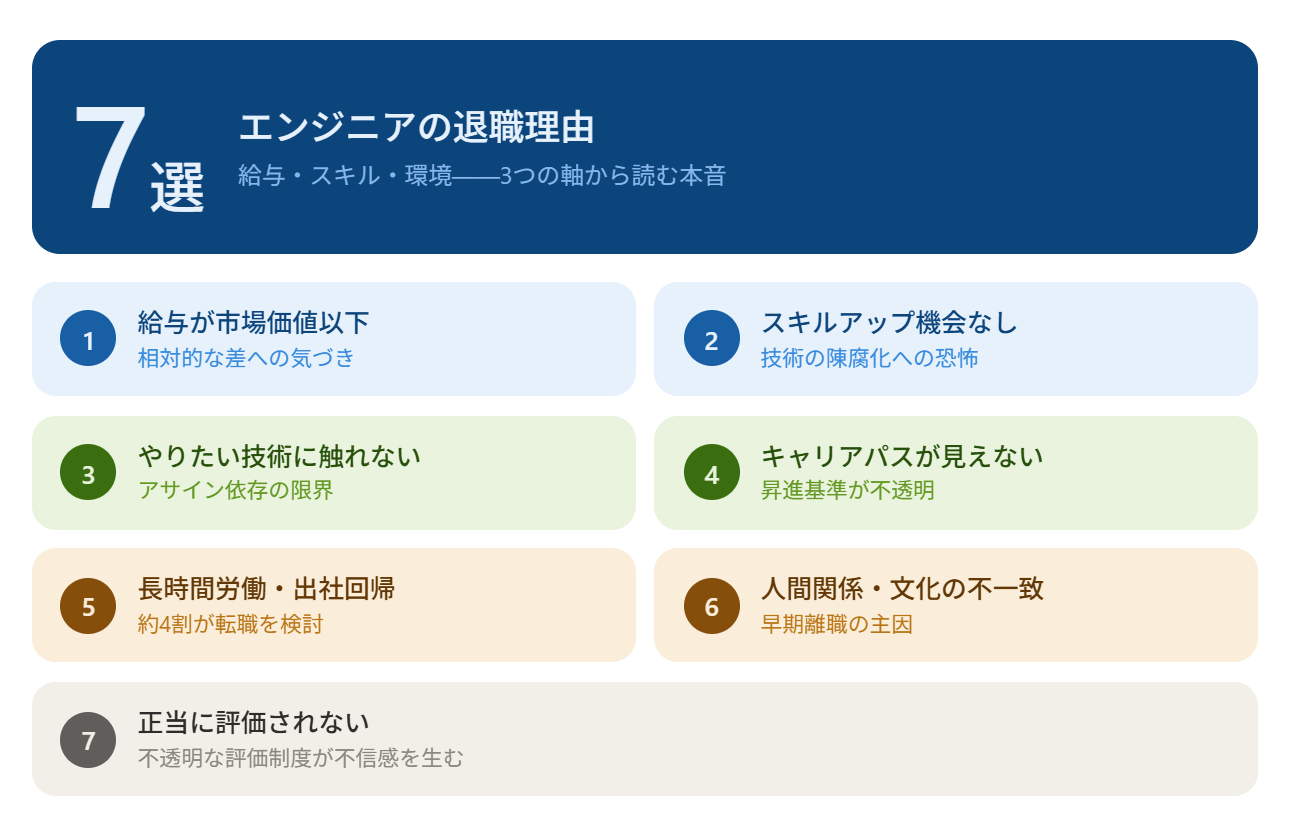 3. エンジニアの代表的な退職理由7選——給与・スキル・環境から読む本音