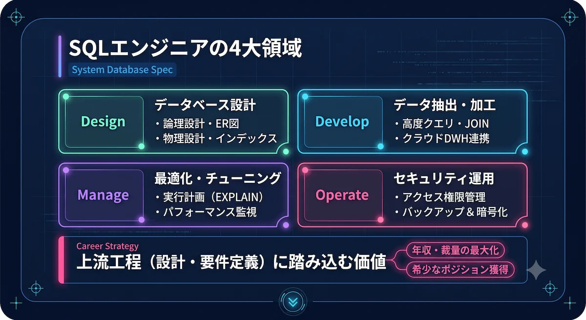 2. SQLエンジニアの仕事内容は設計・開発・管理・運用の4領域に分かれる